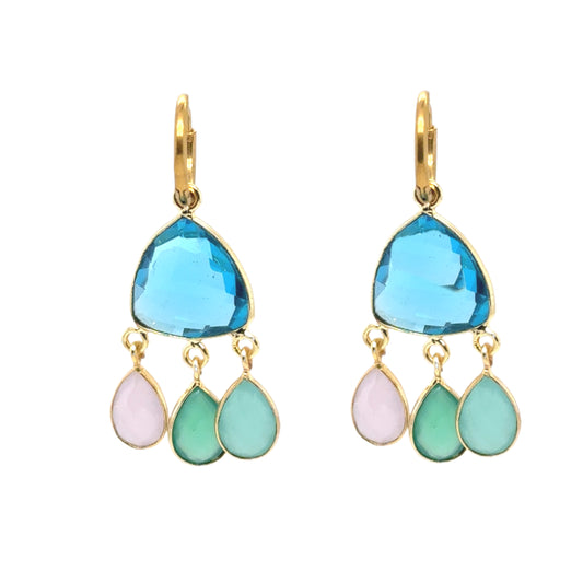 Lovely gold hoop earrings with triangular Sky Blue charm and dangling smaller Rose Quartz, Aqua Hydro Quartz and Peridot charms
