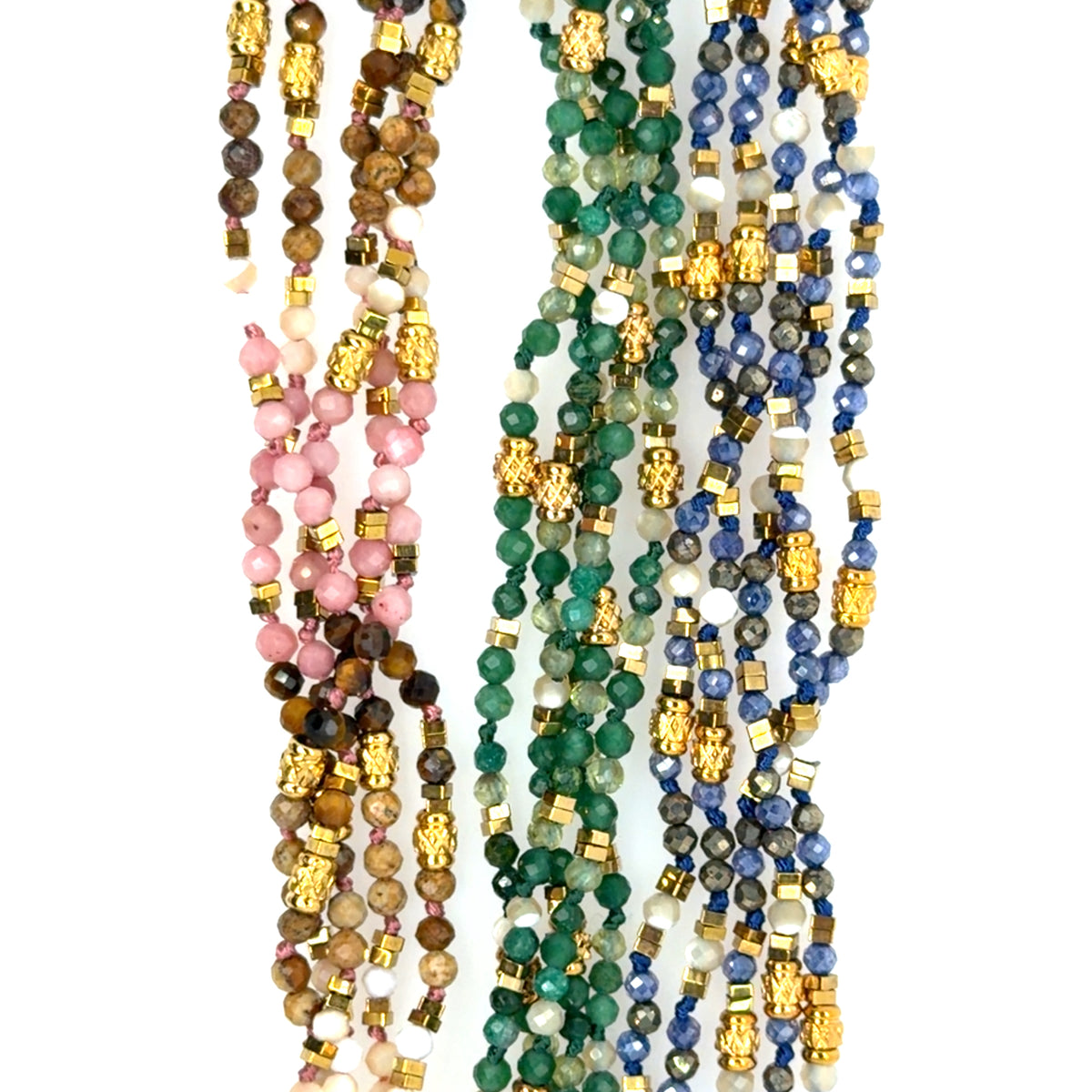 Three strands of beaded necklaces displayed vertically against a plain white background. The left strand features brown, pink, and cream beads with gold metallic accents. The middle strand has green, gold and pearl beads. The right strand has blue, gold and pearl beads.