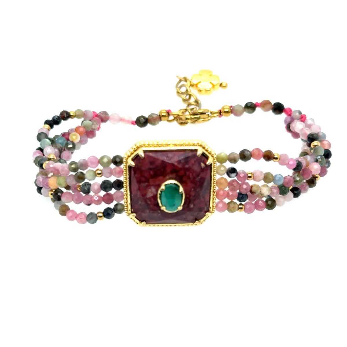 Elegant five stranded Tourmaline gemstone bracelet with central Garnet square and small Malachite oval
