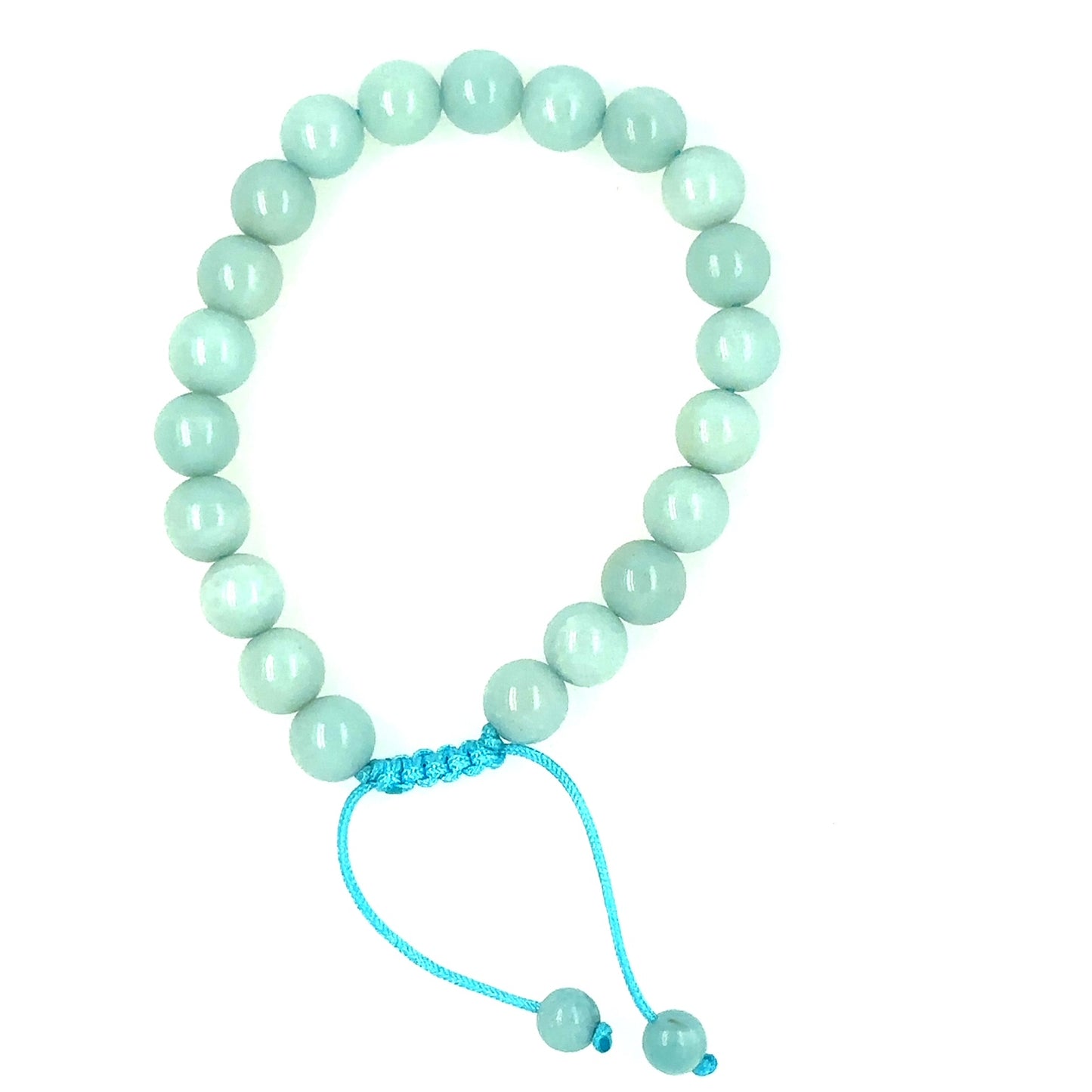 This bracelet has 8mm light blue Amazonite round gemstones all round and can be tightened to your wrist with an adjustable macrame sliding knot