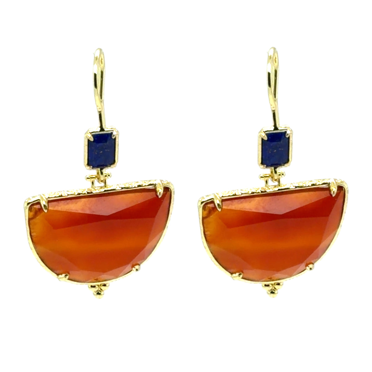 Hook earrings with small Lapis Lazuli rectangle and Carnelian semi-circle stones.