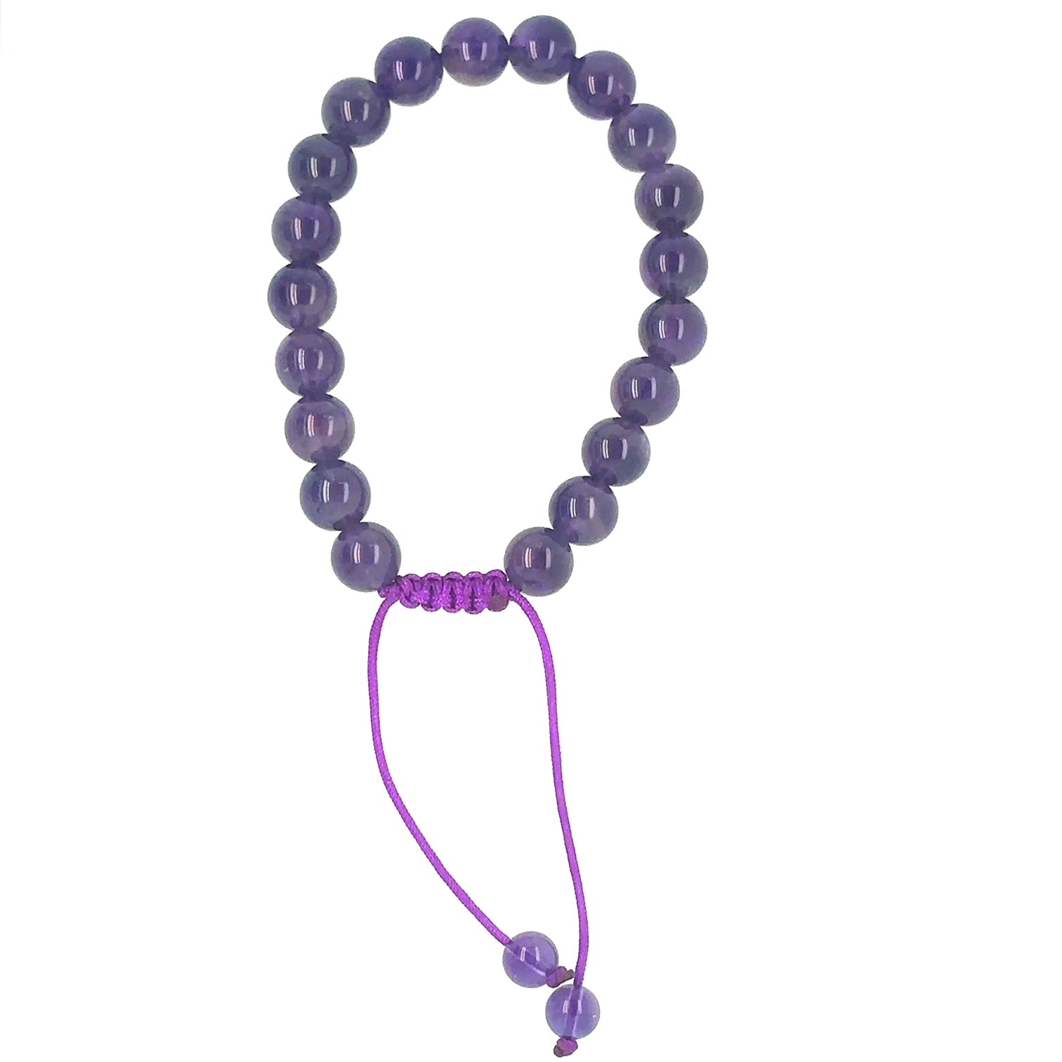 This bracelet has 8mm Amethyst round gemstones all round and can be tightened to your wrist with an adjustable macrame sliding knot