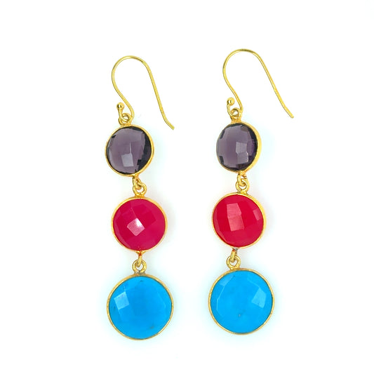 Big dangling earrings with Amethyst, Pink Quartz and Turquoise gemstone charms
