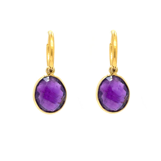 Delicate gold hoop earrings with gorgeous Amethyst semi-precious gemstone oval charms. 