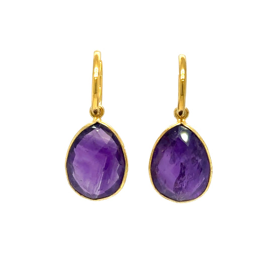 gold hoop earrings with amethyst teardrop charms