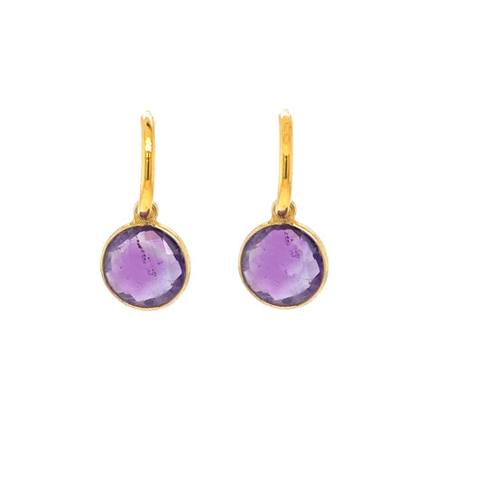 gold hoop earrings with gorgeous Amethyst semi-precious gemstone round charms