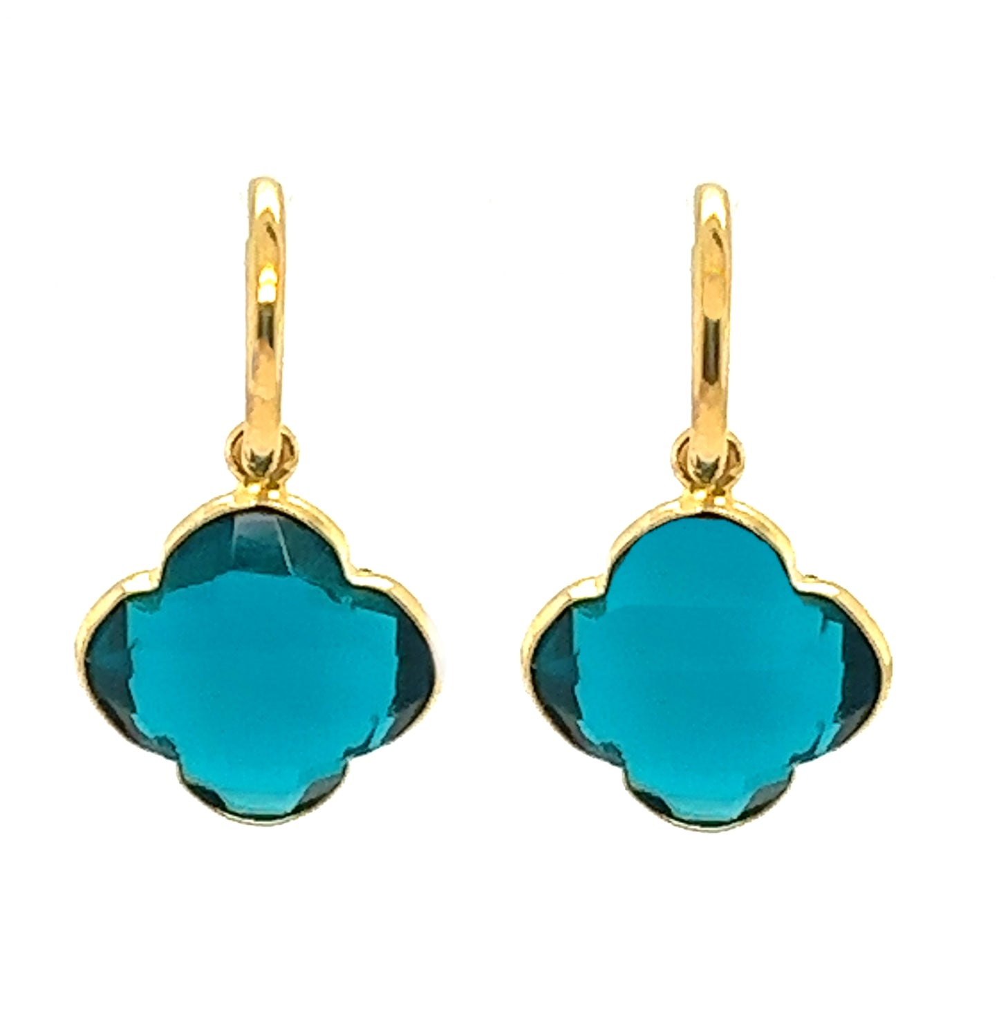 Delicate gold hoop earrings with beautiful blue Apatite semi-precious gemstone clover shaped charms.