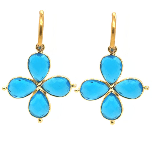 Lovely gold hoop earrings with Four Blue Topaz gemstone petal flower charms