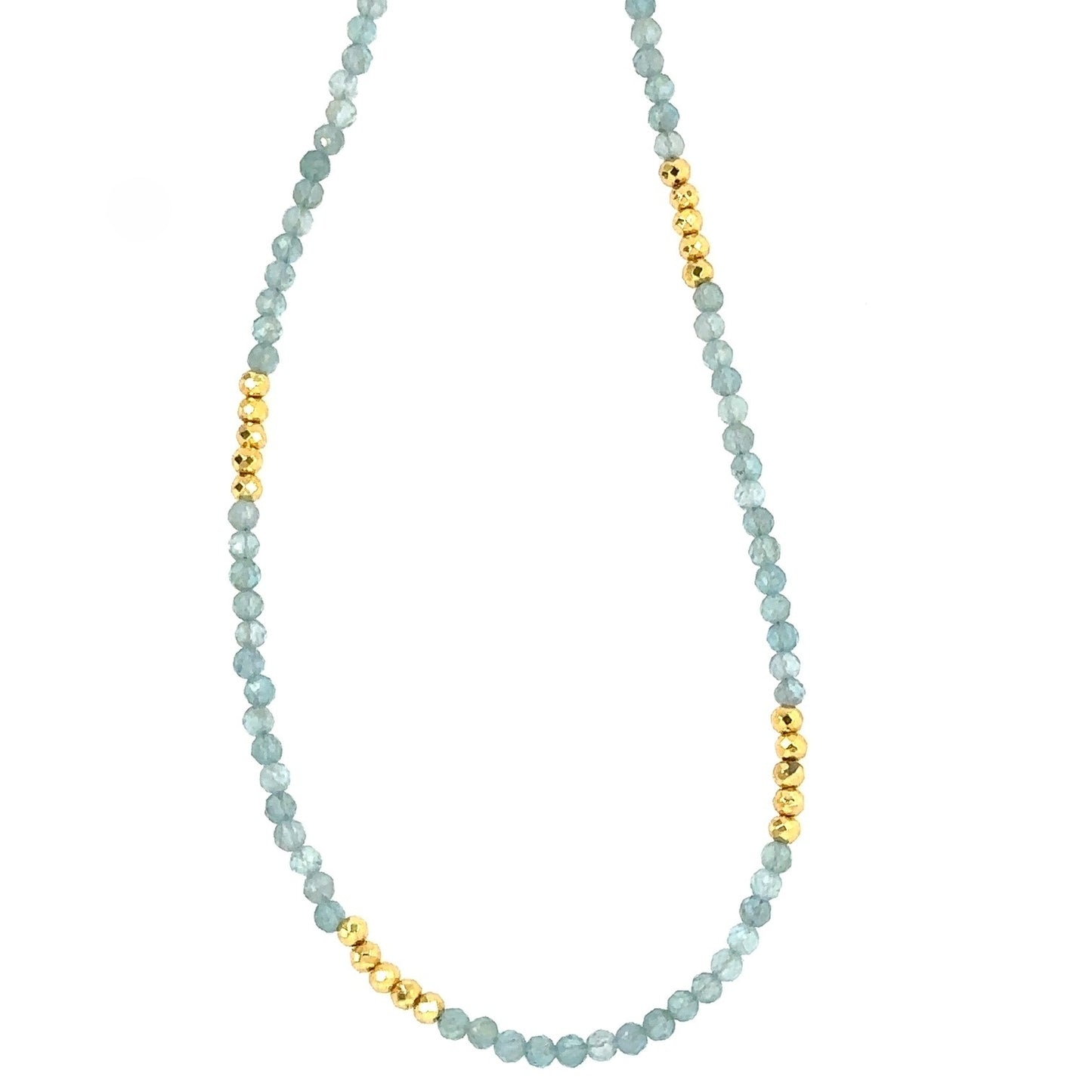 Necklace with lovely blue Apatite beads and bright golden pyrite beads all around.