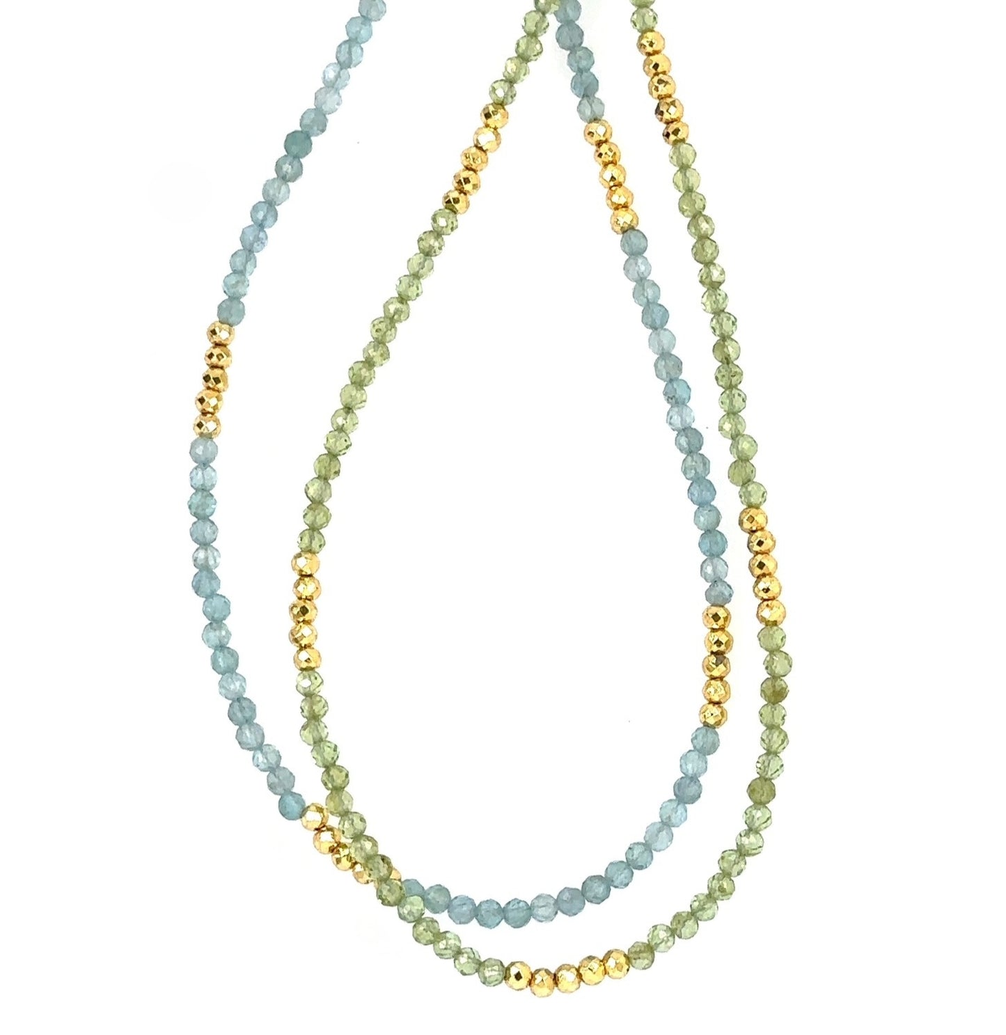 Necklace with blue Apatite and bright golden pyrite beads. Second necklace with Peridot and golden pyrite gemstones all around.