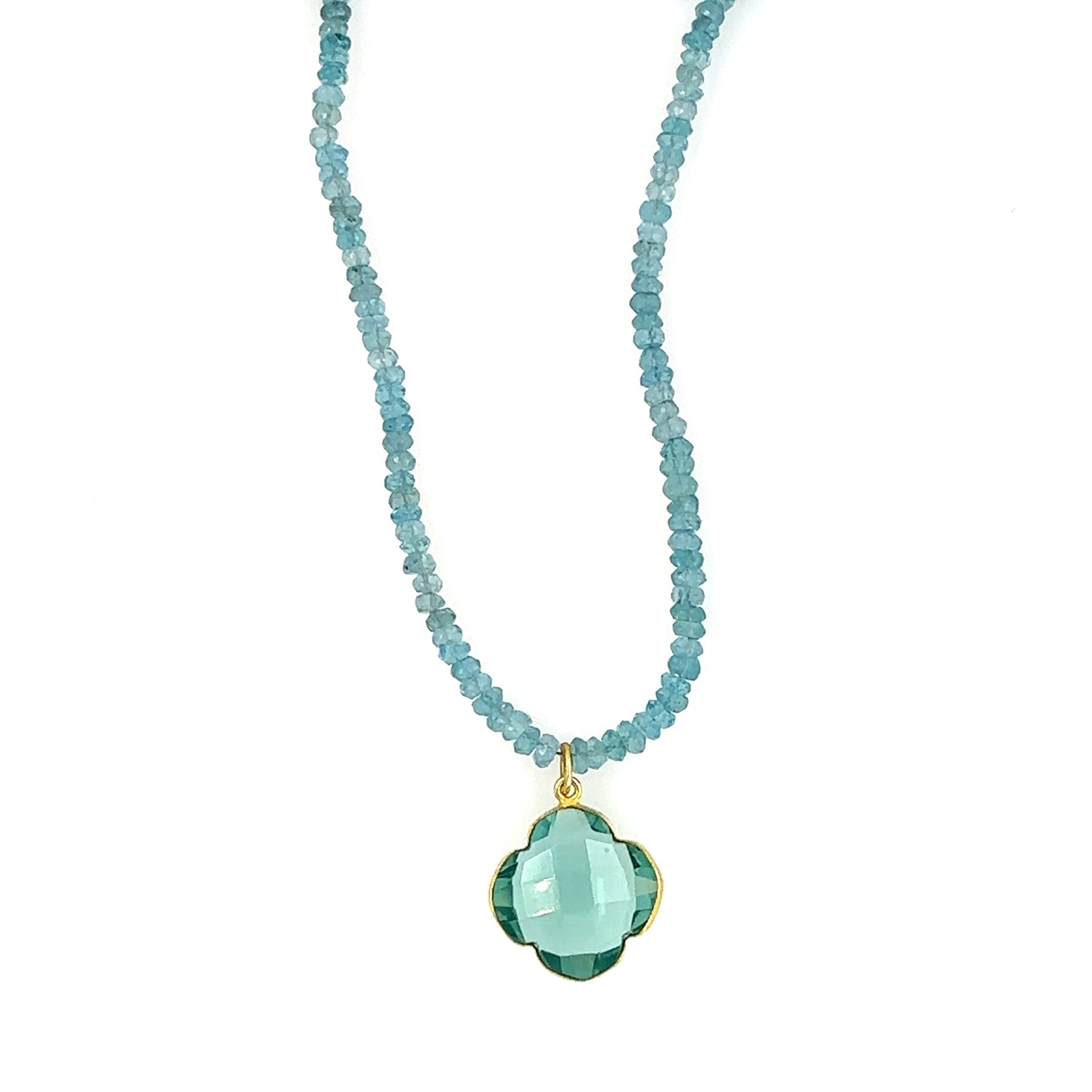 Necklace with blue Apatite gemstones  and  one 18mm Apatite clover charm at the front.