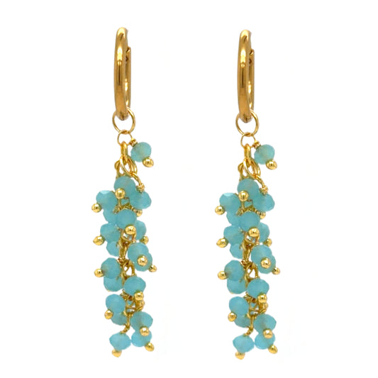 licate gold hoops with lovely Aqua Hydro Quartz gemstones arranged in clusters