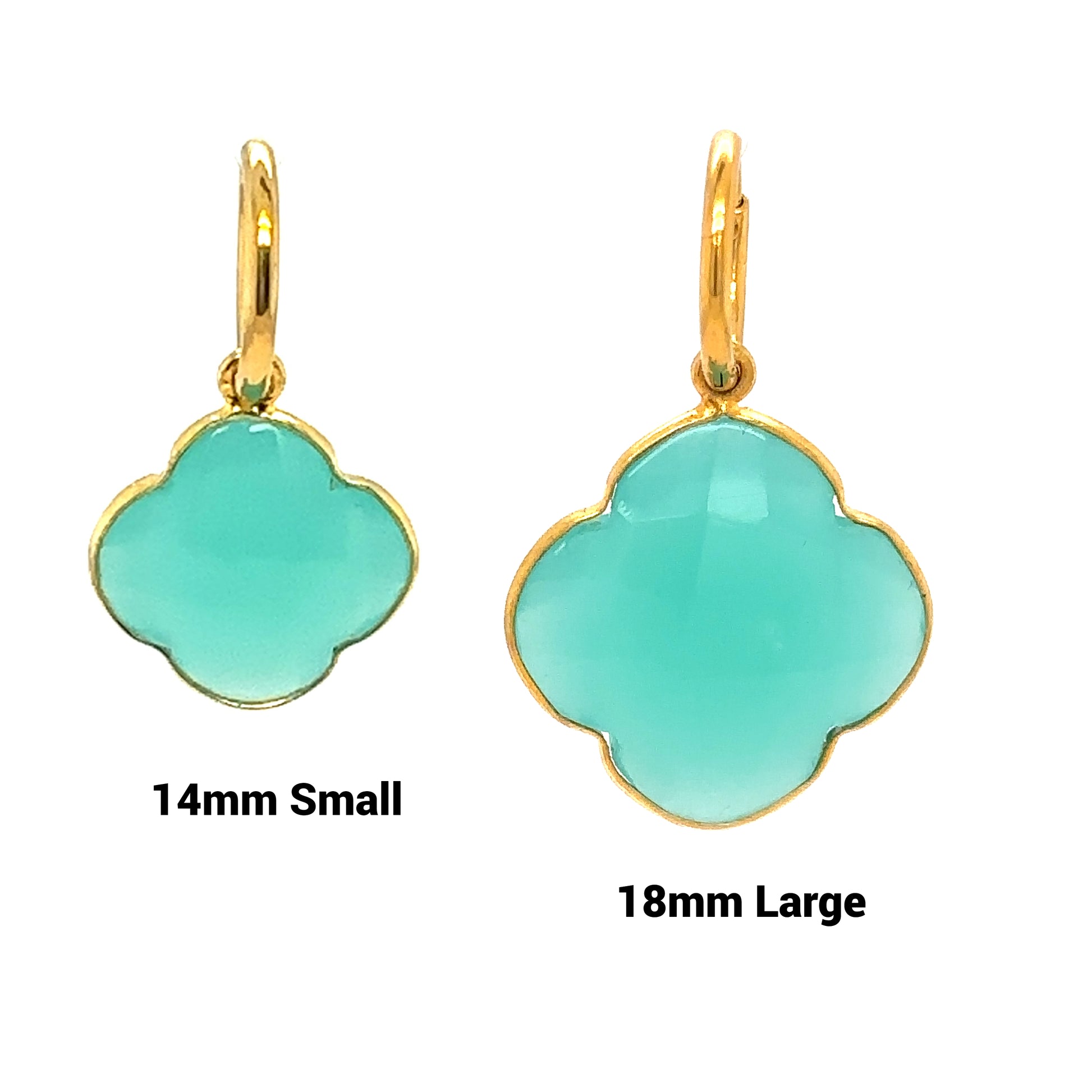 Delicate gold hoop earrings with smokey Aqua Hydrio Quartz semi-precious gemstone clover shaped charms in 2 different sizes