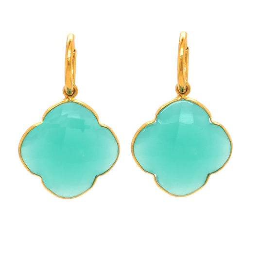 Delicate gold hoop earrings with smokey Aqua Hydrio Quartz semi-precious gemstone clover shaped charms