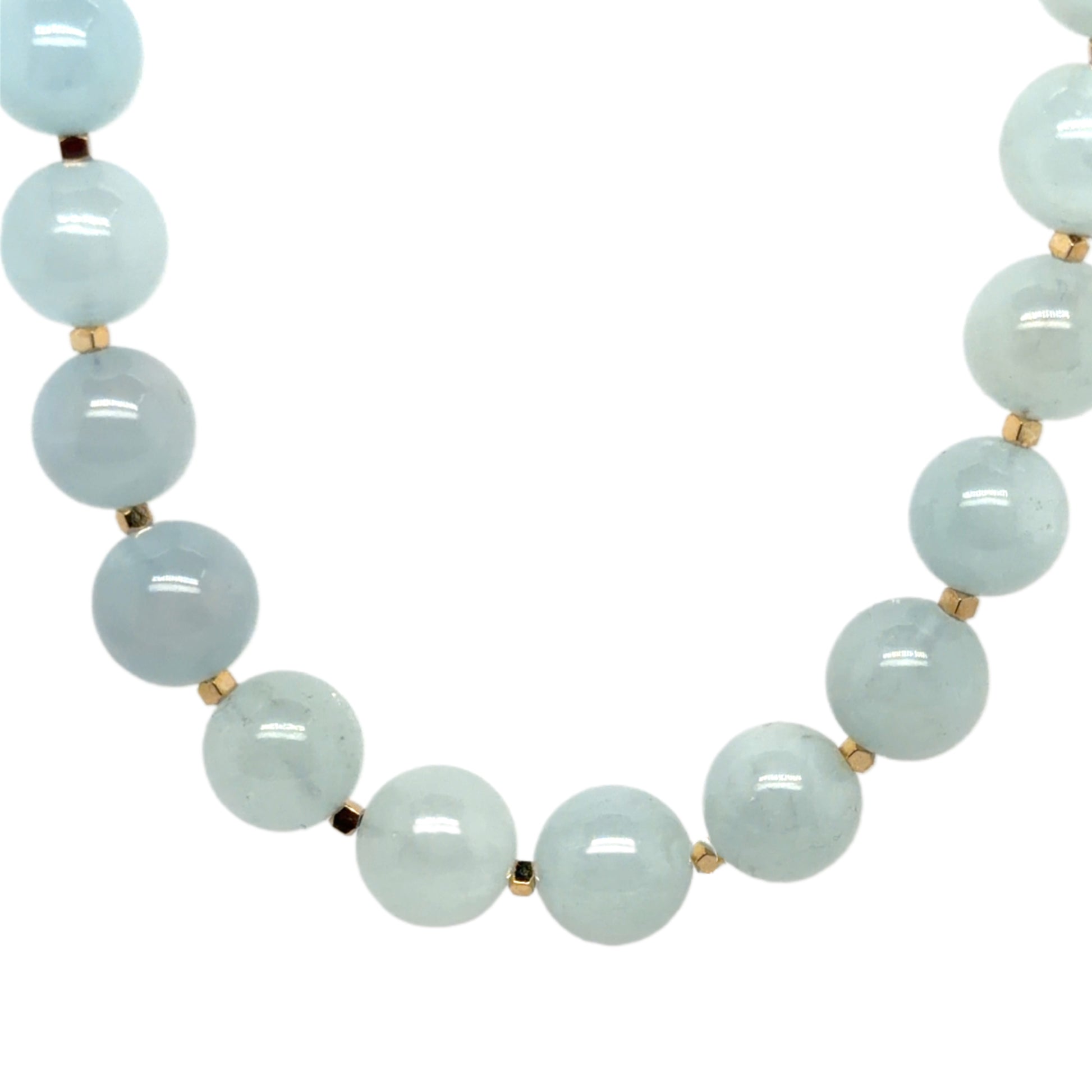 Necklace with light blue Aquamarine round gemstones and square gold Hematite beads in between