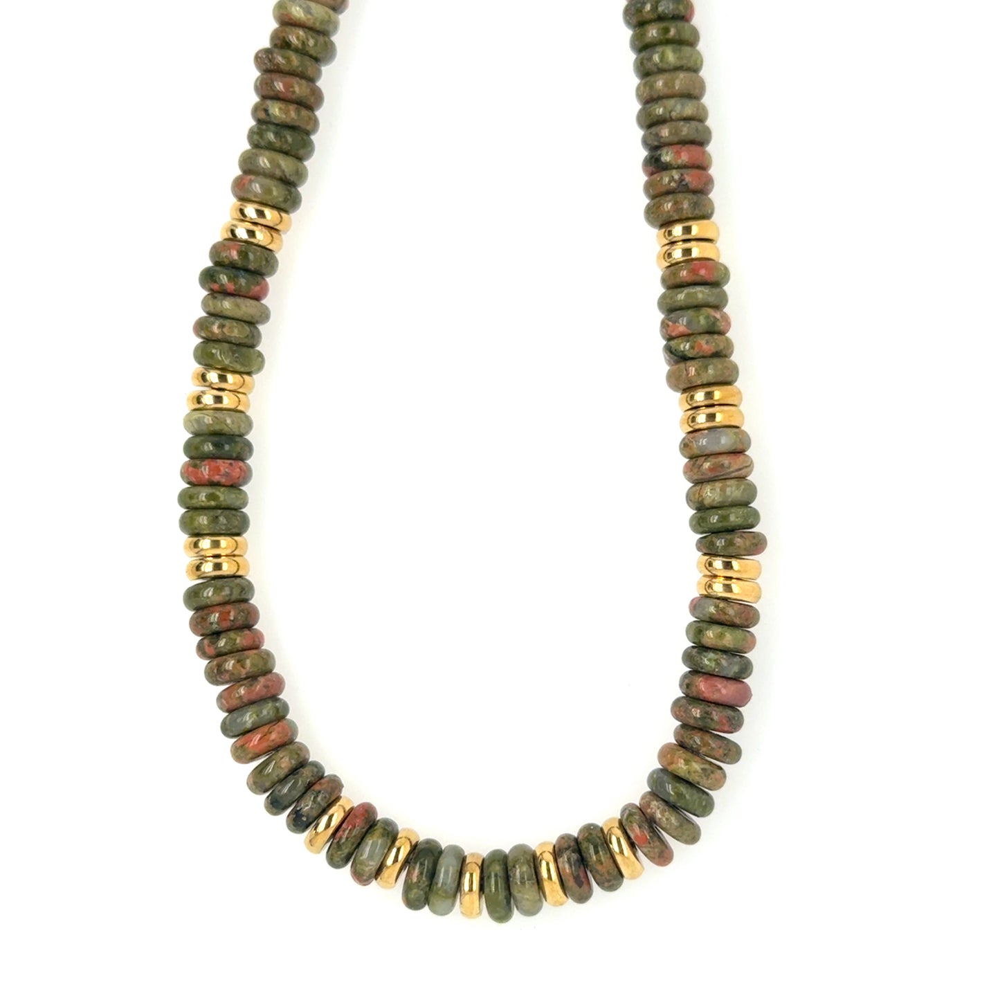 Necklace with green Unakite gemstone and gold rounded beads
