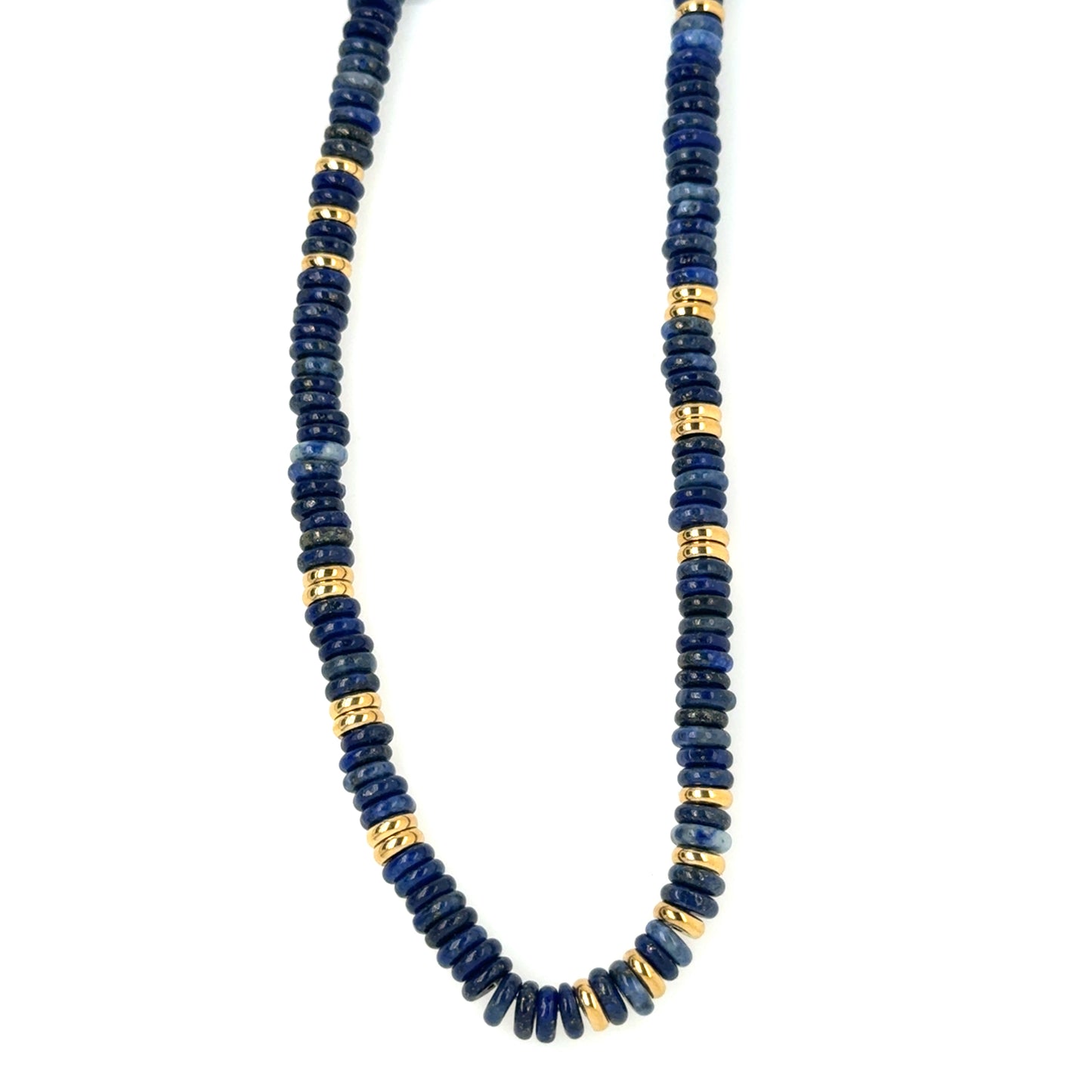 Necklace with blue beads and gold accents on a white background