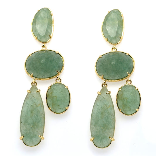 Gorgeous Aventurine semi-precious gemstone stud earrings with dangling oval and teardrop Aventurine stones