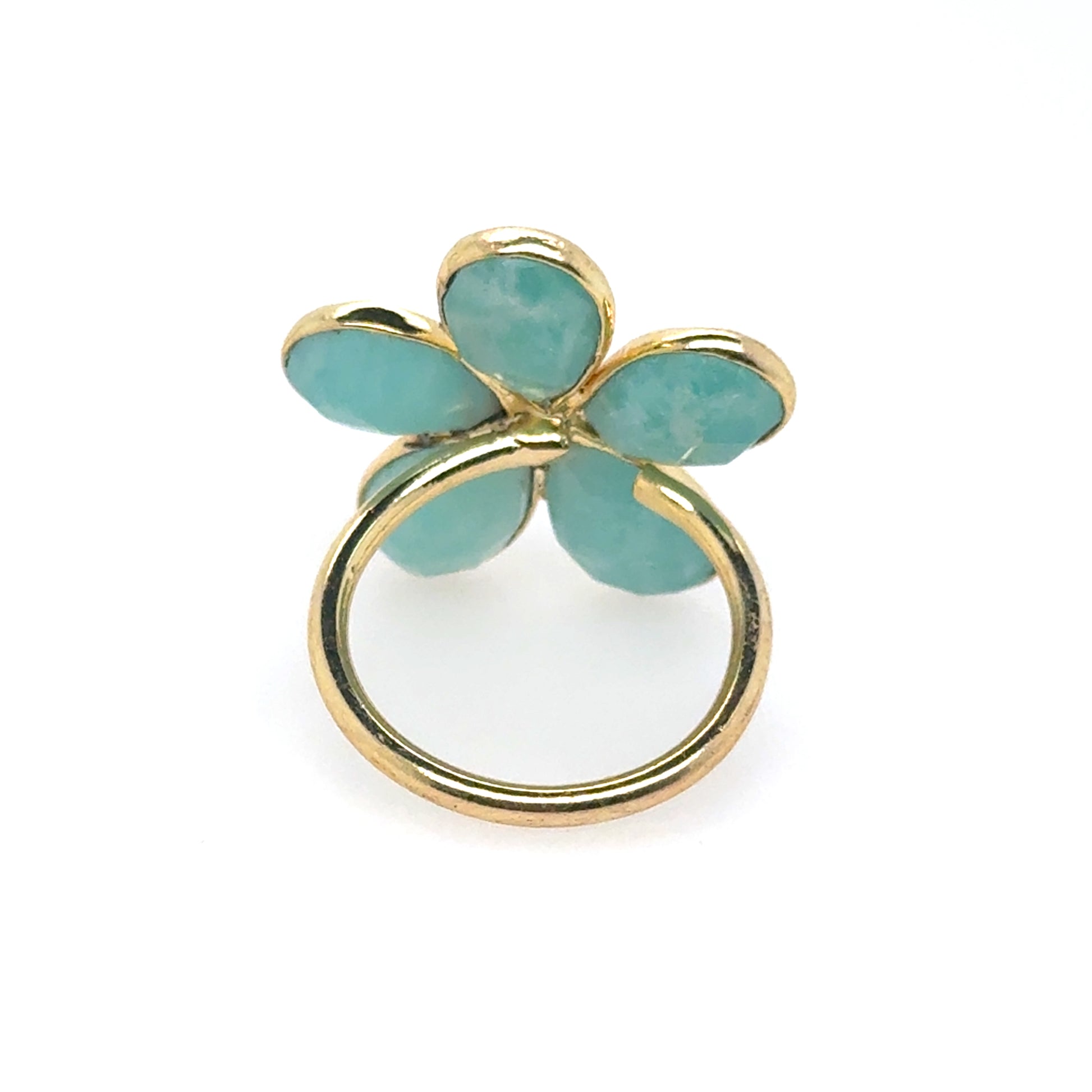 Gold plated ring with beautiful green Aventurine gemstones in the shape of a flower seen from the back