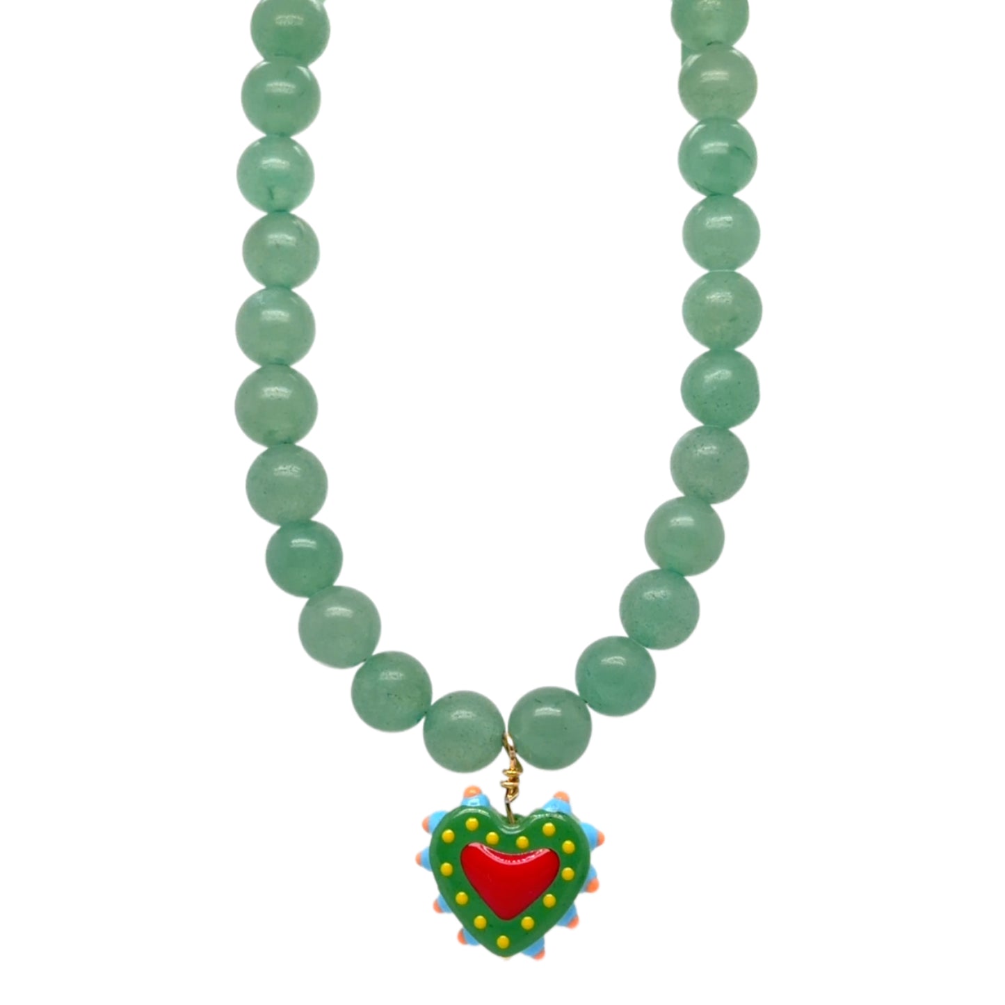 Lovely necklace with smooth green Aventurine gemstone round beads and a handmade colourful glass heart charm