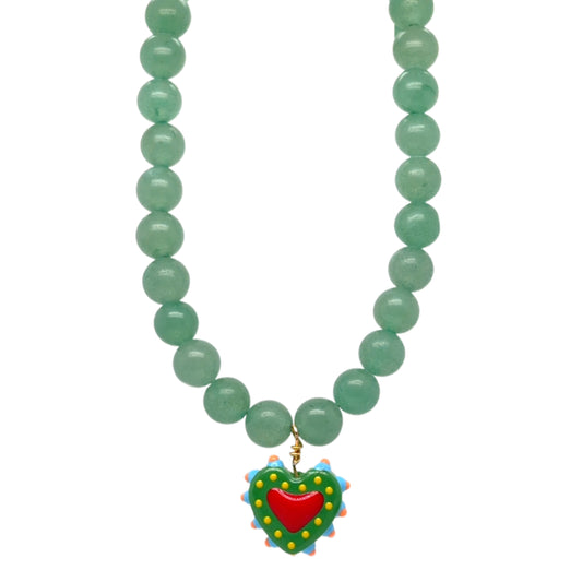 Lovely necklace with smooth green Aventurine gemstone round beads and a handmade colourful glass heart charm