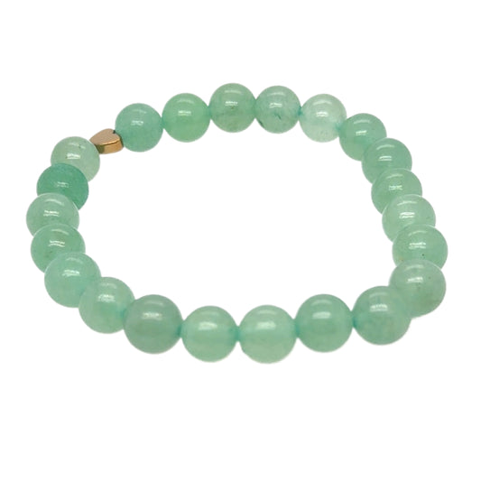 This bracelet is made with 8mm green Aventurine gemstones and a small Hematite heart bead on a strong stretchy elastic