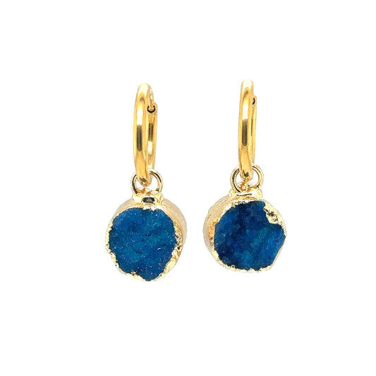 gold hoop earrings with a natural blue stone charms coated in gold