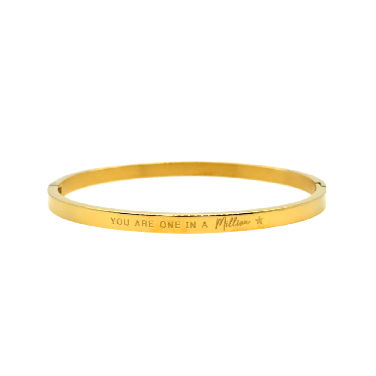 This bangle is made of gold plated stainless steel and is engraved with the phrase: You are One in a Million