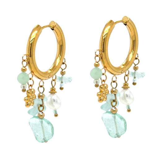 Medium sized gold hoop earrings with five pastel green crystal charms
