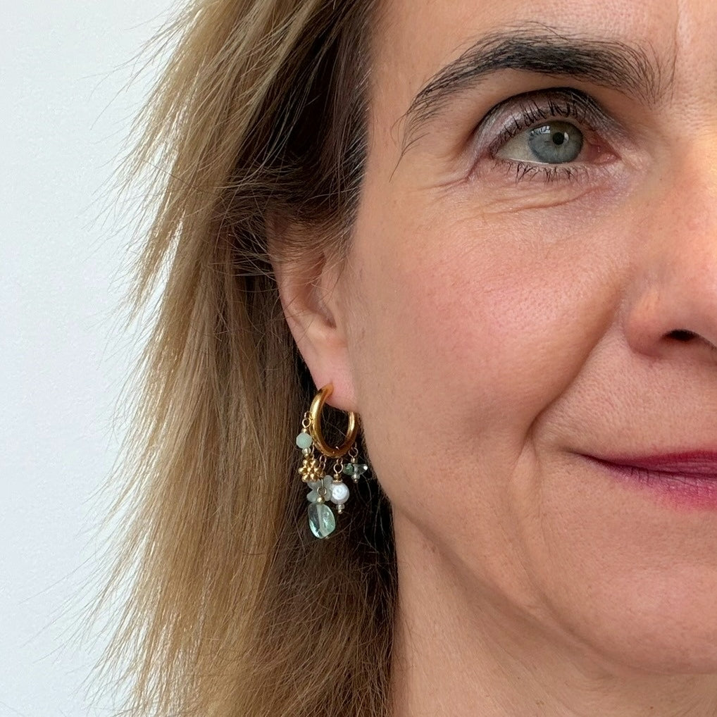 Close-up of a woman wearing gold earrings with green gemstones against a white background
