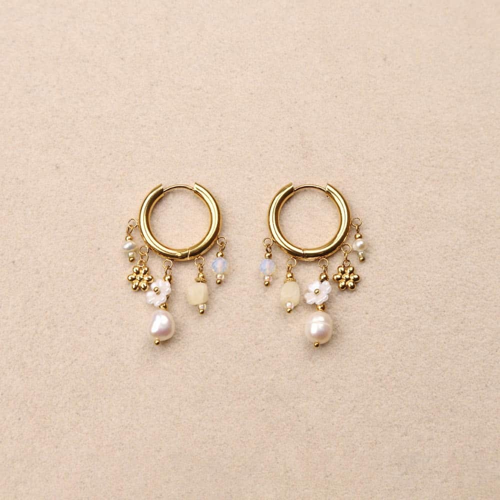 Medium sized gold hoop earrings with pearl charms