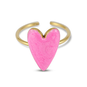 Gold adjustable ring with big pink enamel heart. 