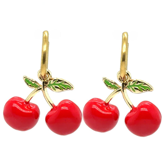 Delicate gold hoop earrings with big red cherry shaped charms