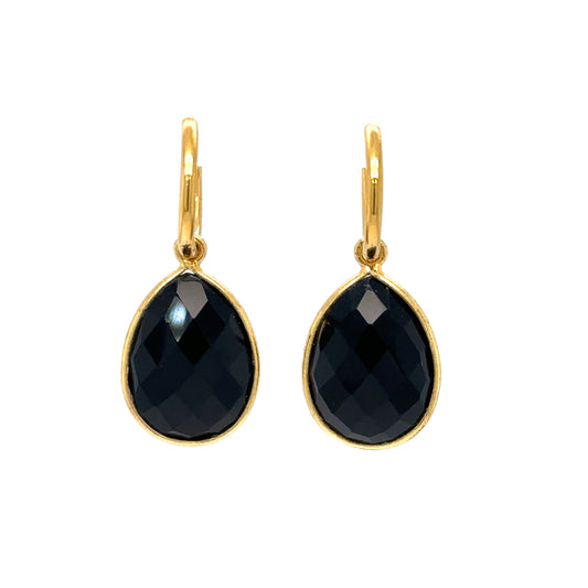 gold hoop earrings with black agate teardrop charms