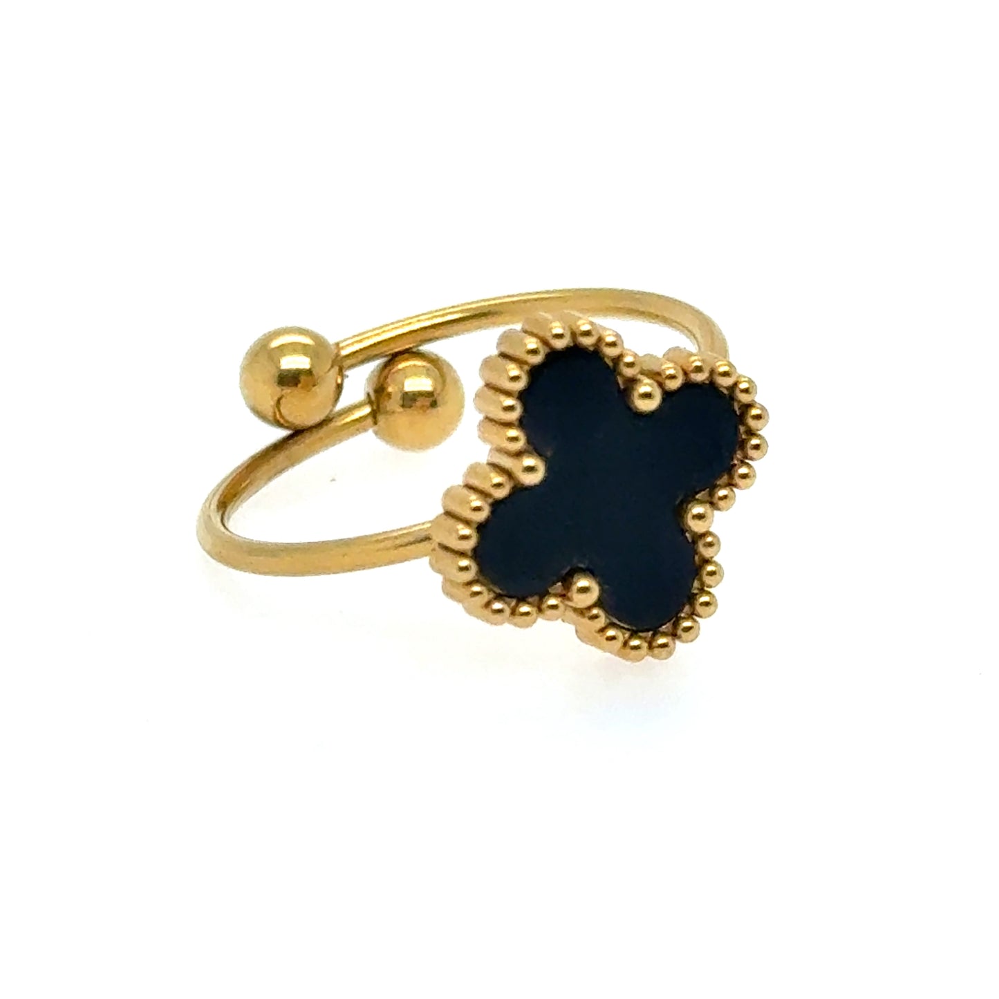 Adjustable gold ring with black clover design