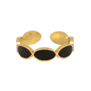 Gold adjustable ring with black enamel small ovals all around
