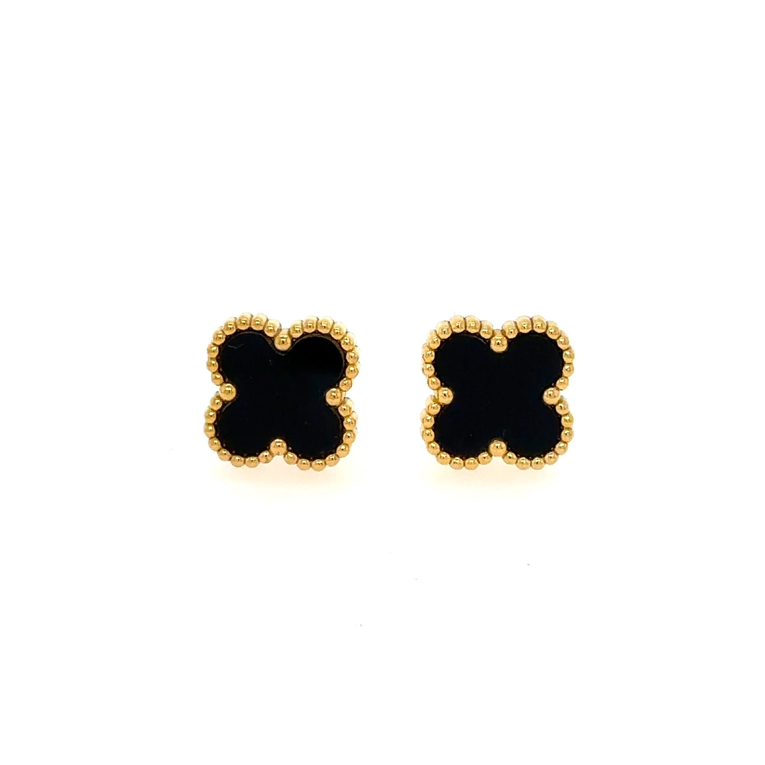 These cute stud earrings are made of 18K gold plated stainless steel and black enamel in a clover shape