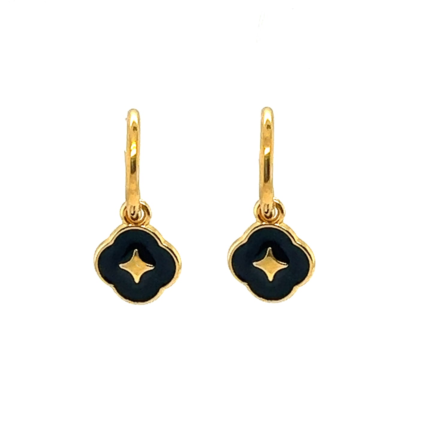 Gold hoop earrings with black enamel clover shaped charms