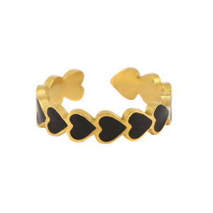 Gold adjustable ring with black enamel small hearts all around