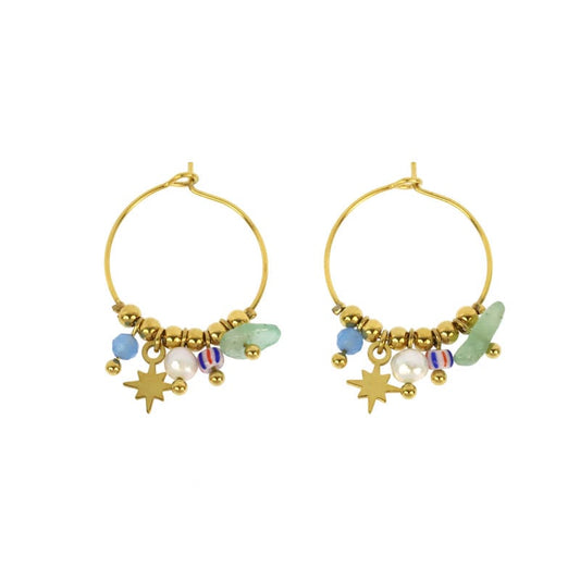 Gold hoop earrings with colorful charms on a white background