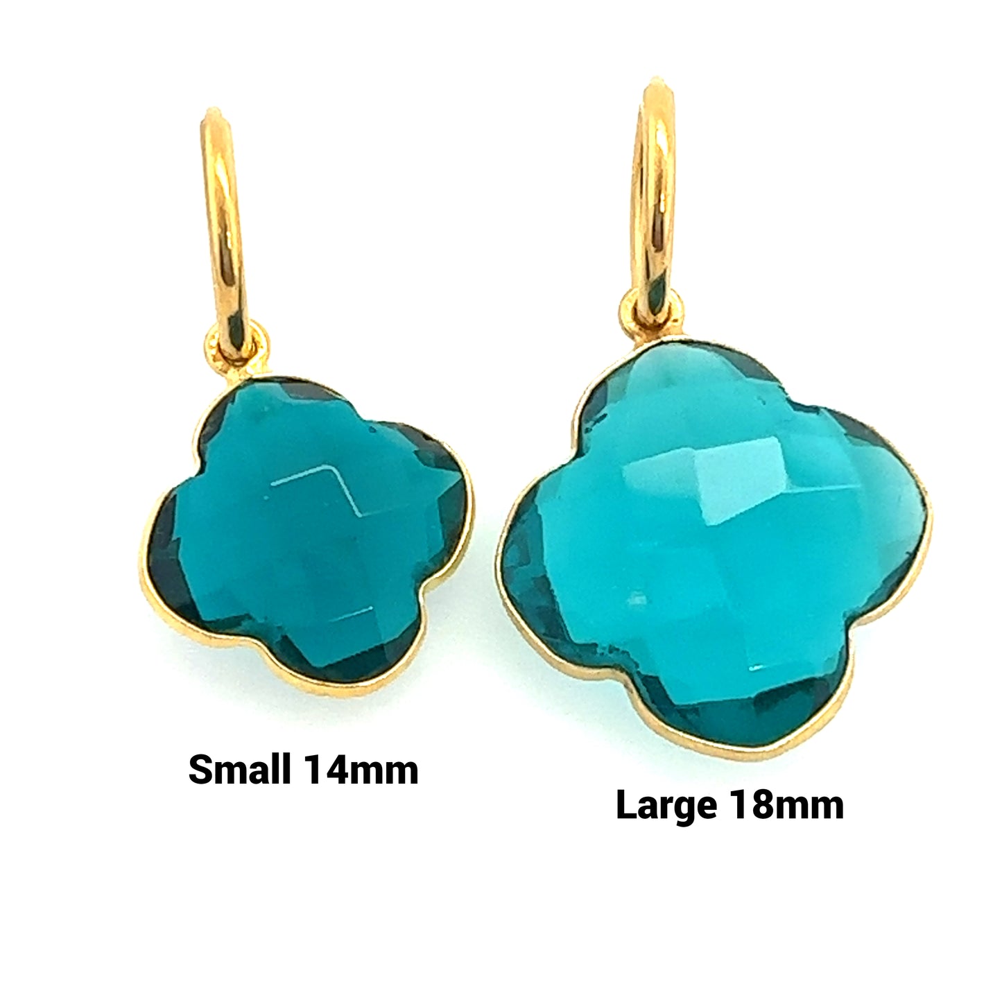 Delicate gold hoop earrings with beautiful blue Apatite semi-precious gemstone clover shaped charms in 2 sizes