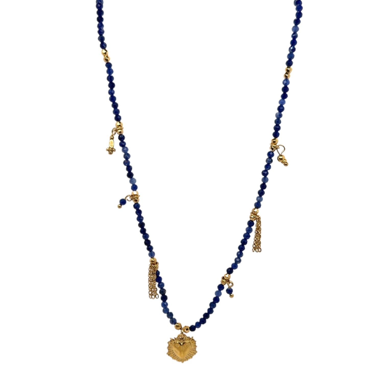Necklace with tiny lapis lazuli dark blue beads and dangling small gold charms.