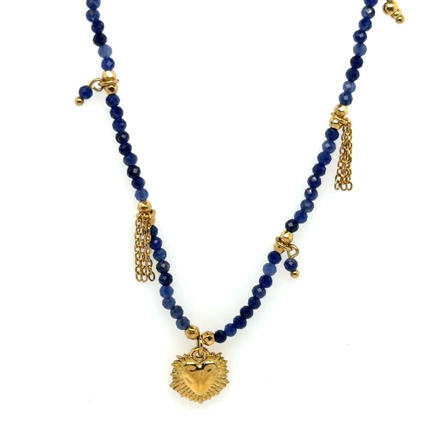 Necklace with blue beads and gold accents on a white background