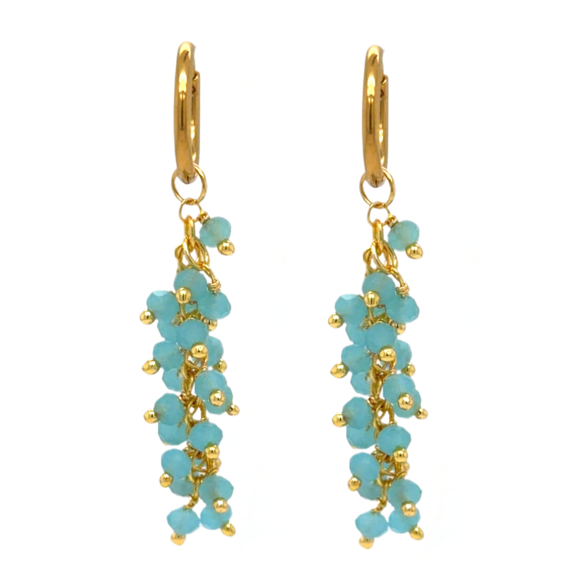 Pair of earrings with turquoise beads and gold accents on a white background