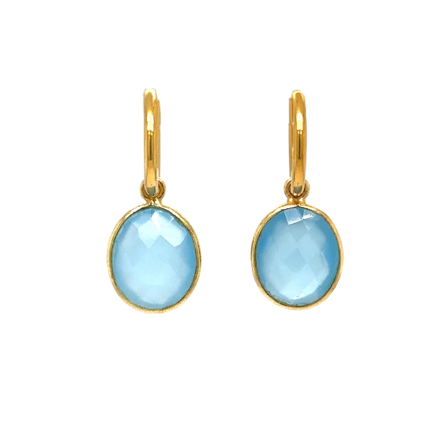 gold hoop earrings with blue chalcedony oval charms