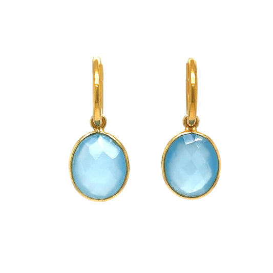 gold hoop earrings with blue chalcedony oval charms