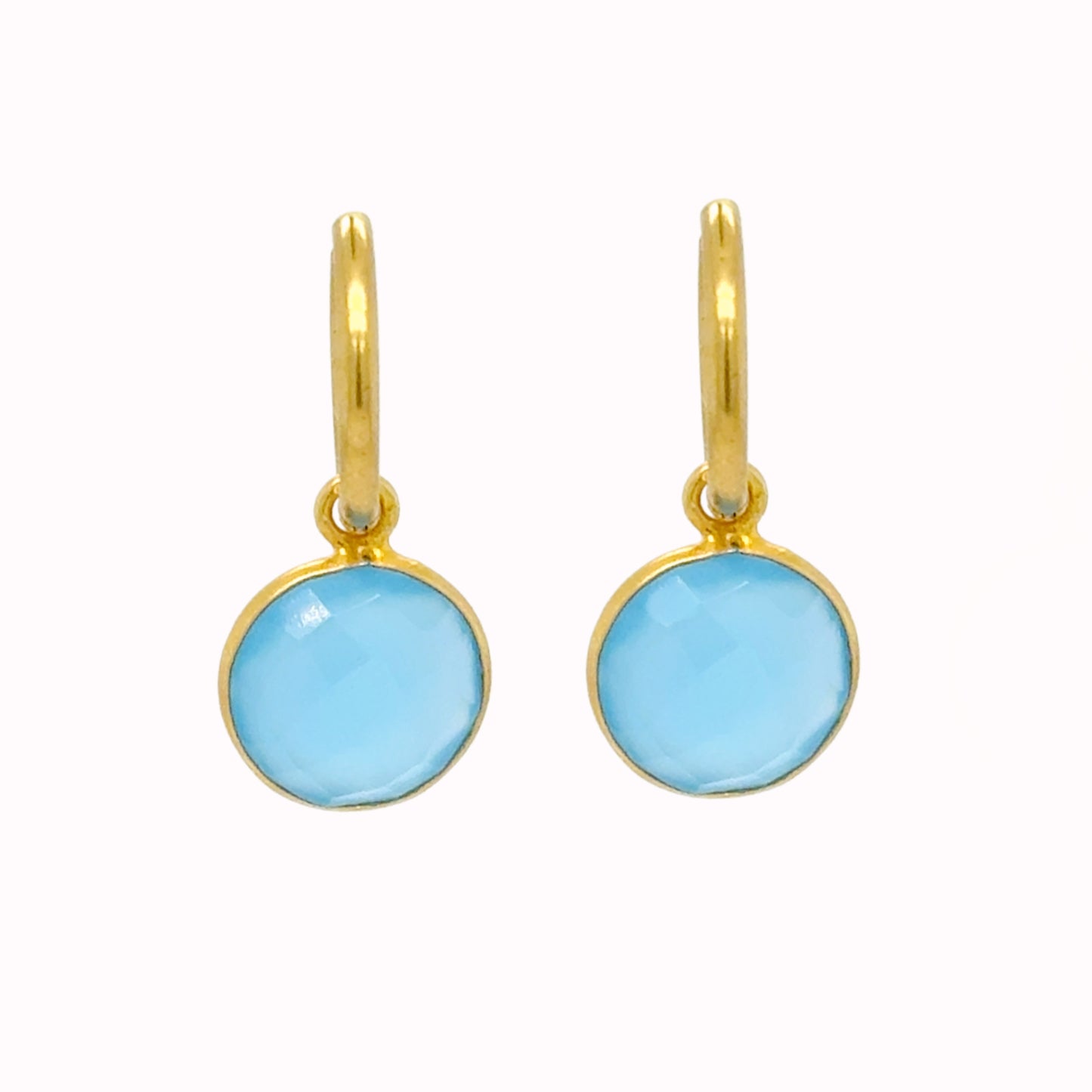 gold hoop earrings with Blue chalcedony gemstone round charms