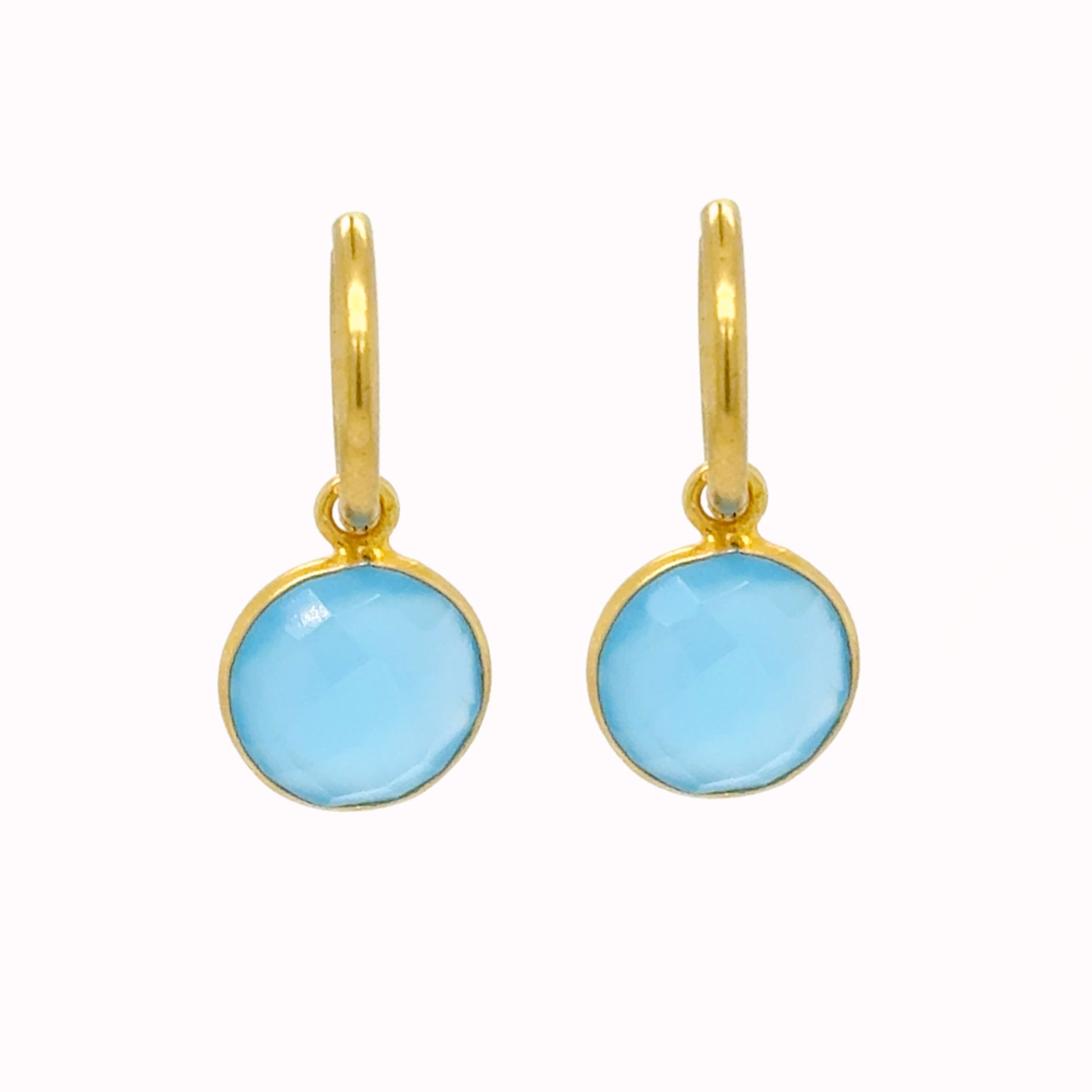 gold hoop earrings with Blue chalcedony gemstone round charms