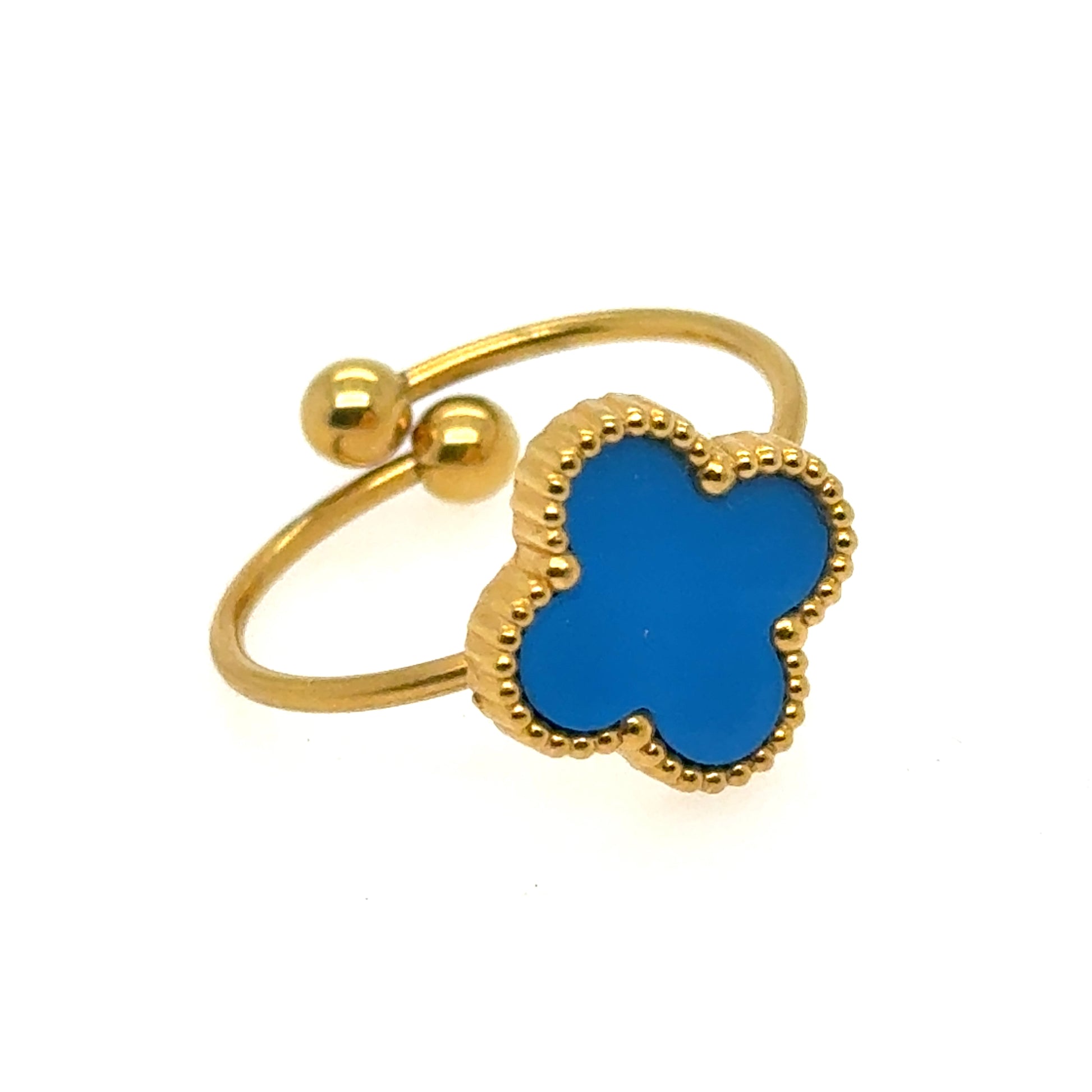 gold ring with blue clover that is adjustable