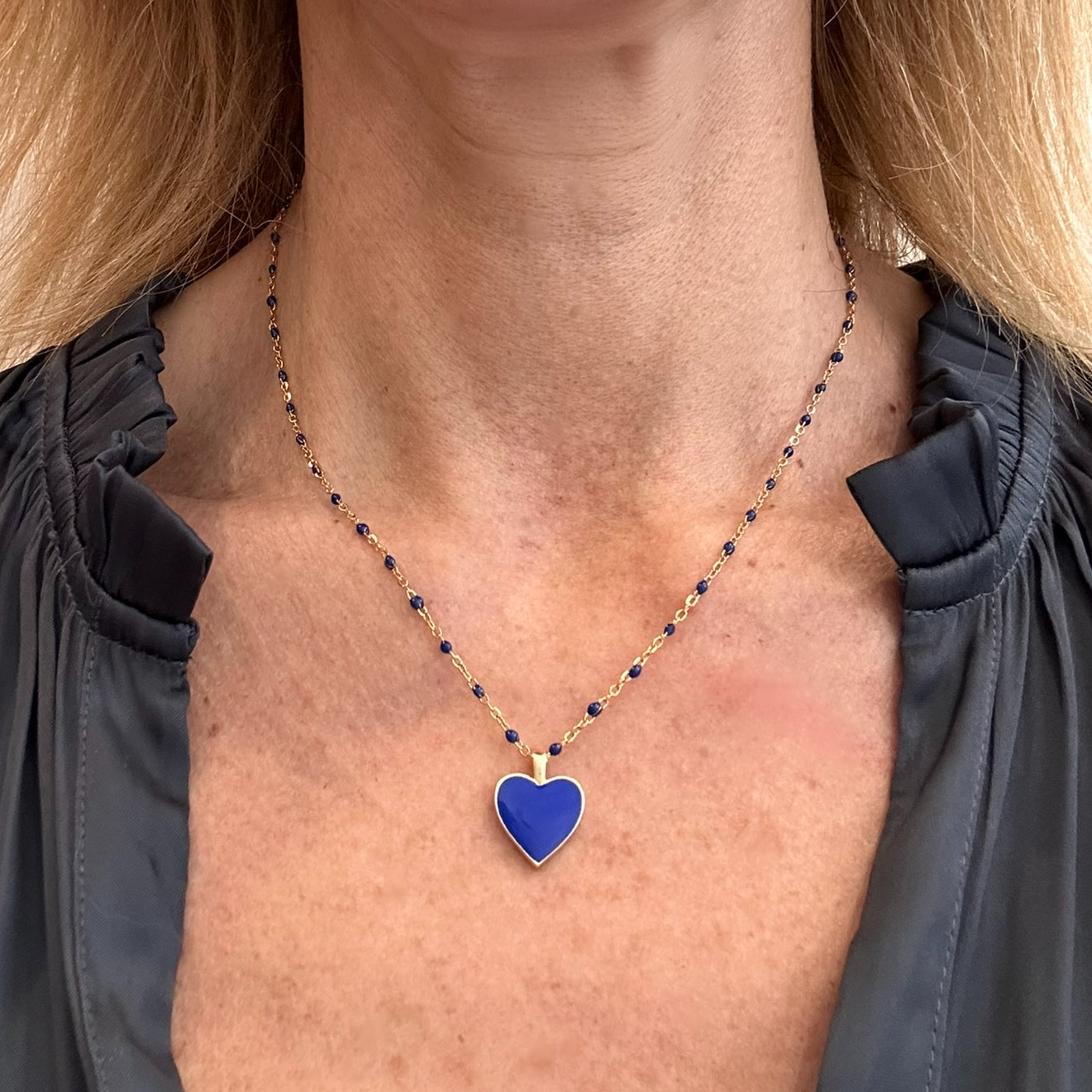 blue enamel rosary gold chain necklace with one royal blue enamel heart charm